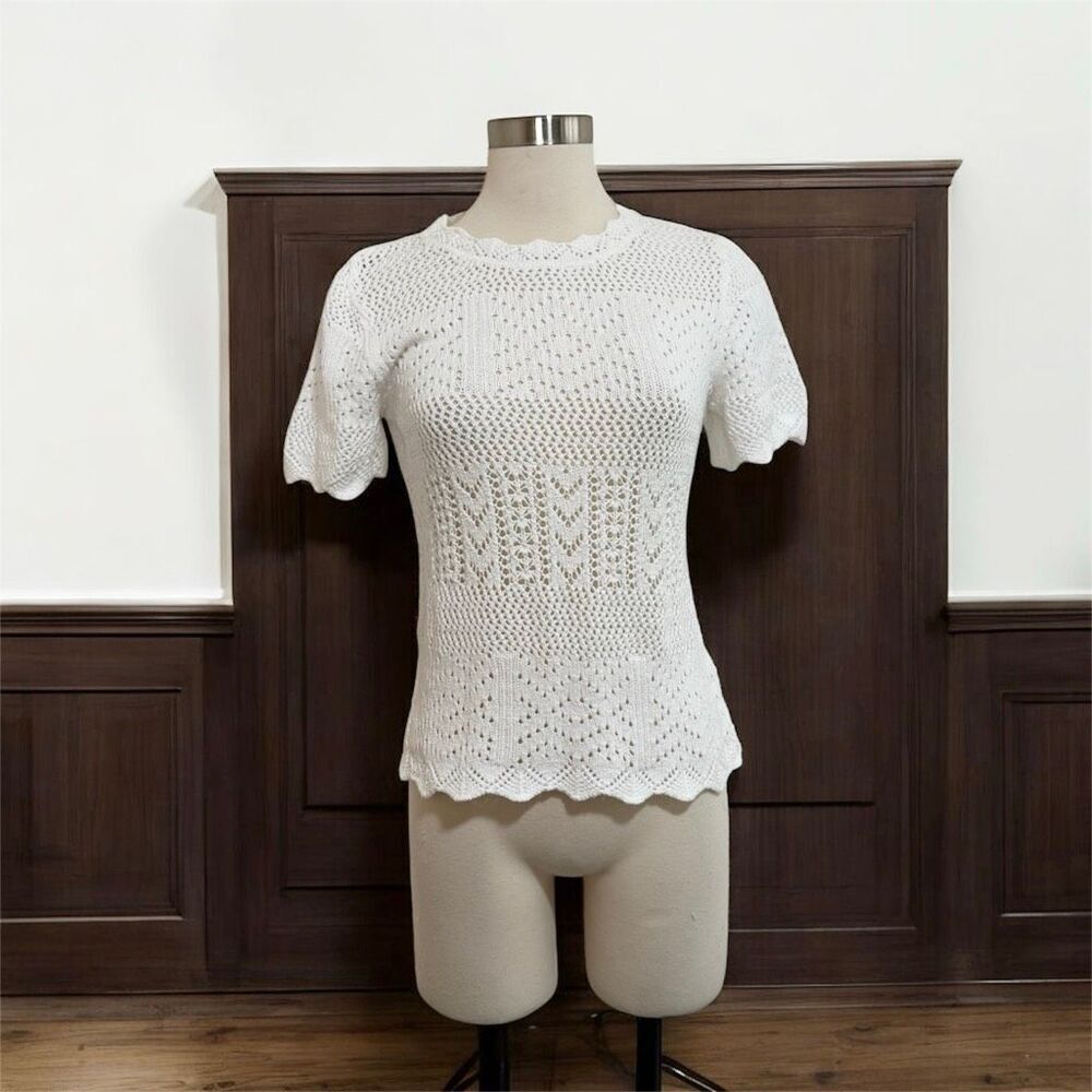 Topshop Retro White Eyelet Short Sleeve Sweater Top Shirt Small Mock